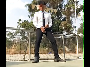 Huge cock asian office scrounger jerking off in suit